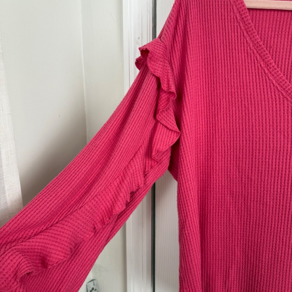Pilcro Anthropologie Waffle Knit Ruffle Sleeve Top Women Large Pink V-Neck - Picture 3 of 7